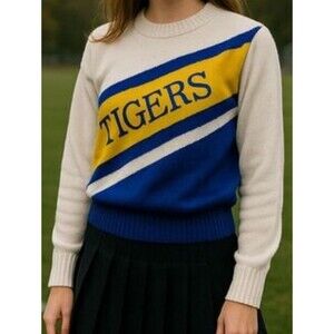 Vtg 60s Dehen Varsity Cheer Sweater S Romanticized Sports Blue Gold USA Preppy